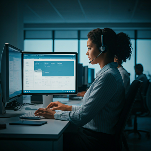 A modern, high-tech BPO office environment with professional agents in headsets working at sleek dual-monitor workstations.